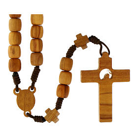 Medjugorje rosary with crosses, 7 mm olive wood grains and beige rope