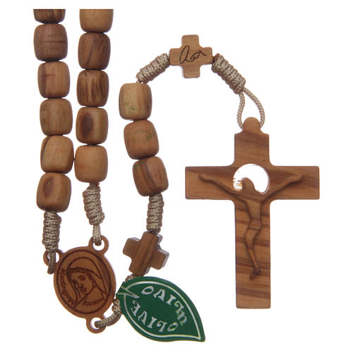 Medjugorje rosary with crosses, 7 mm olive wood grains and beige rope 1