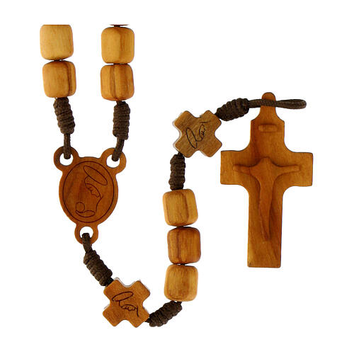 Medjugorje rosary with crosses, olive wood grains and brown rope 1