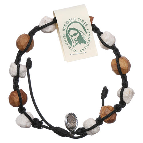 Medjugorje decade bracelet with olive wood Tau and white pebbles, black rope 1