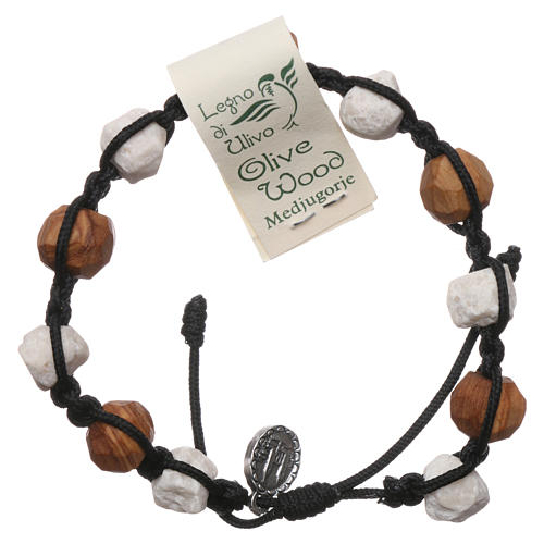 Medjugorje decade bracelet with olive wood Tau and white pebbles, black rope 2