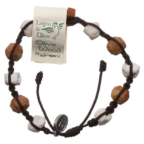 Decade rosary bracelet Medjugorje ten Tau bracelet in olive wood and white stones 2