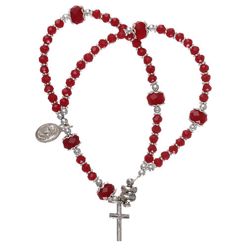 Medjugorje red bracelet, crystal and metal, with cross and medal 1