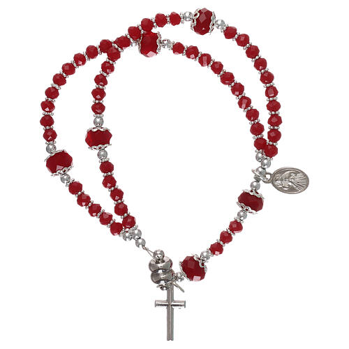 Bransoletka czerwona Medjugorie kryształ i metal z krzyżem i medalikiem 2