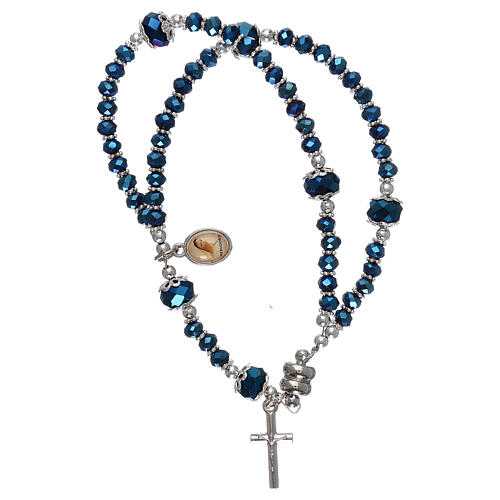 Bransoletka niebieska Medjugorie kryształ i metal z krzyżem i medalikiem 1