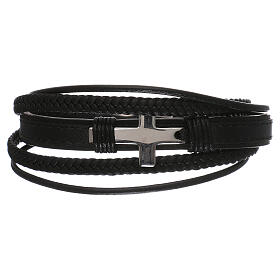 Bracelet with silvery cross, black leather, Medjugorje