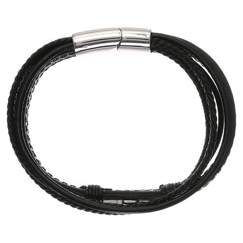 Bracelet with silvery cross, black leather, Medjugorje 1