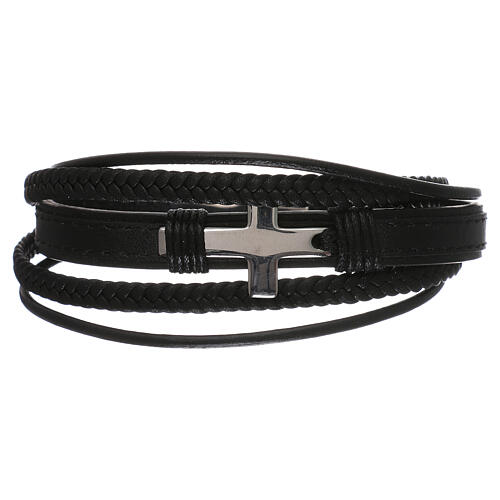 Bracelet with silvery cross, black leather, Medjugorje 2
