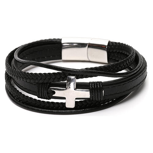 Bracelet with silvery cross, black leather, Medjugorje 3