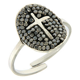 Medjugorje Ring aus versilbertem Stahl mit schwarzen Strass-Steinen