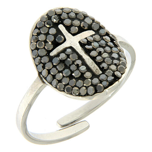 Medjugorje Ring aus versilbertem Stahl mit schwarzen Strass-Steinen 1