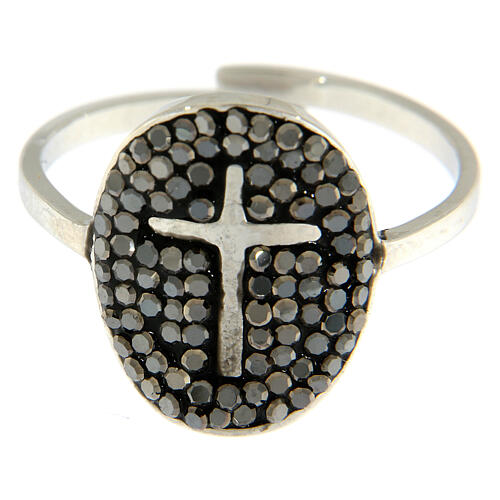 Medjugorje ring in silver steel with black rhinestones 2