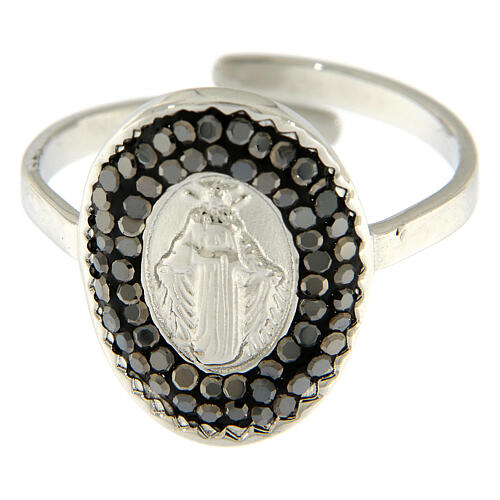 Ring aus versilbertem Stahl mit Muttergottes von Medjugorje und schwarzen Strass-Steinen 3
