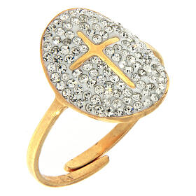 Adjustable ring with golden cross and transparent grey rhinestones