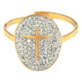 Medjugorje ring in golden steel with golden cross and transparent rhinestones