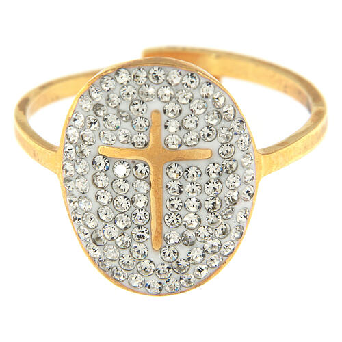 Medjugorje ring in golden steel with golden cross and transparent rhinestones 2