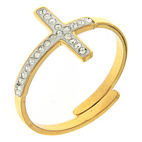 Adjustable gold-plated steel ring with a silver-plated transparent cross