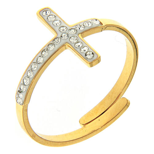 Adjustable gold-plated steel ring with a silver-plated transparent cross 1