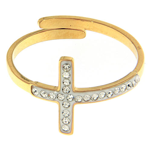 Adjustable gold-plated steel ring with a silver-plated transparent cross 2