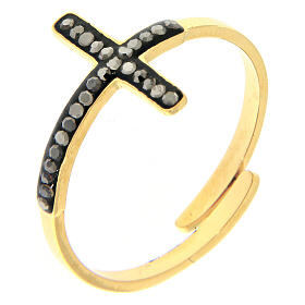 Adjustable gold-plated steel ring with black cross