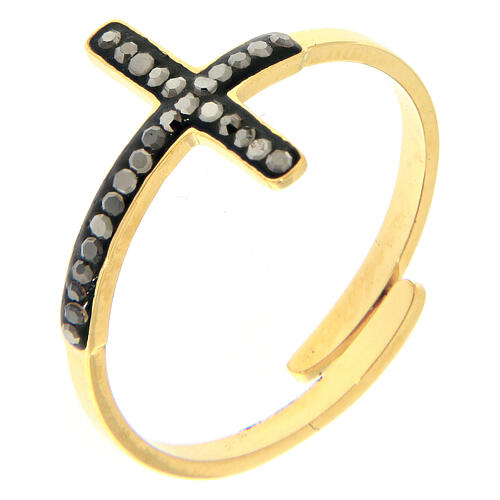 Adjustable gold-plated steel ring with black cross 1