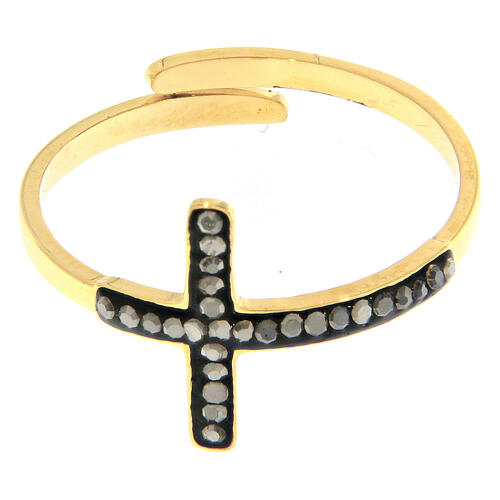 Adjustable gold-plated steel ring with black cross 2