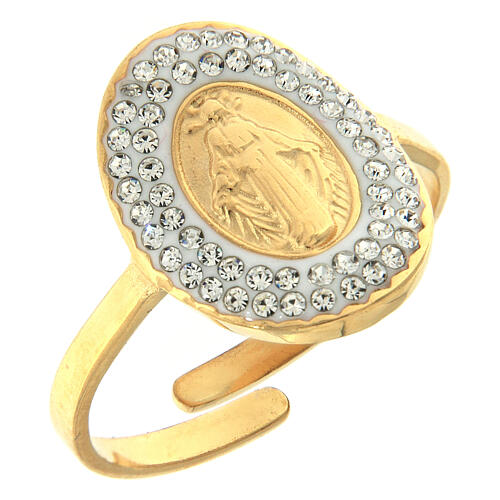 Ring Medjugorje aus Edelstahl, goldfarben, Gottesmutter von Medjugorje, mit transparenten Schmucksteinen 1