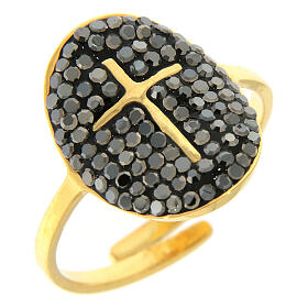 Medjugorje Ring aus vergoldetem Stahl mit vergoldetem Kreuz und schwarzen Strass-Steinen