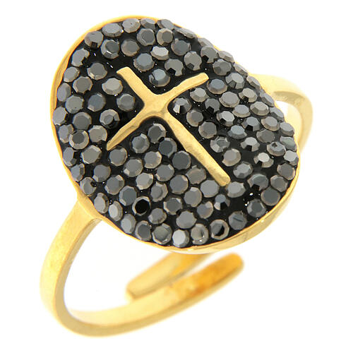 Medjugorje Ring aus vergoldetem Stahl mit vergoldetem Kreuz und schwarzen Strass-Steinen 1