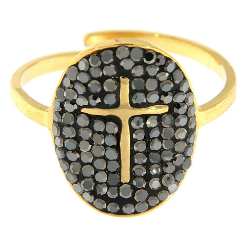 Medjugorje Ring aus vergoldetem Stahl mit vergoldetem Kreuz und schwarzen Strass-Steinen 3