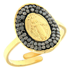 Gilded steel ring golden Our Lady of Medjugorje with black rhinestones