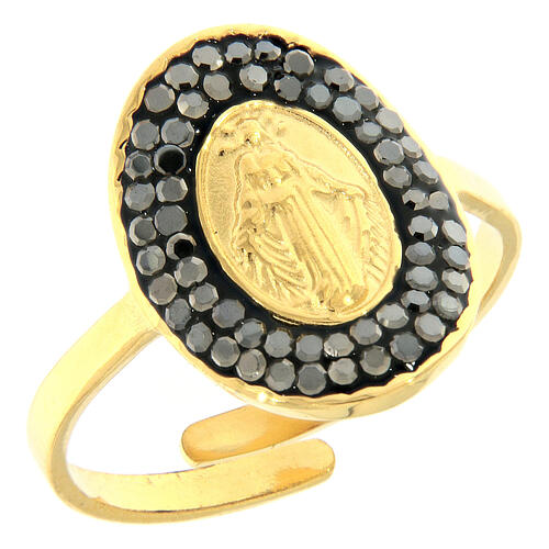 Gilded steel ring golden Our Lady of Medjugorje with black rhinestones 1