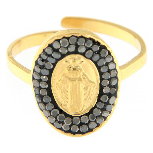 Gilded steel ring golden Our Lady of Medjugorje with black rhinestones 3
