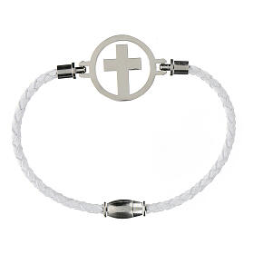 Medjugorje bracelet, white leather and silver cross
