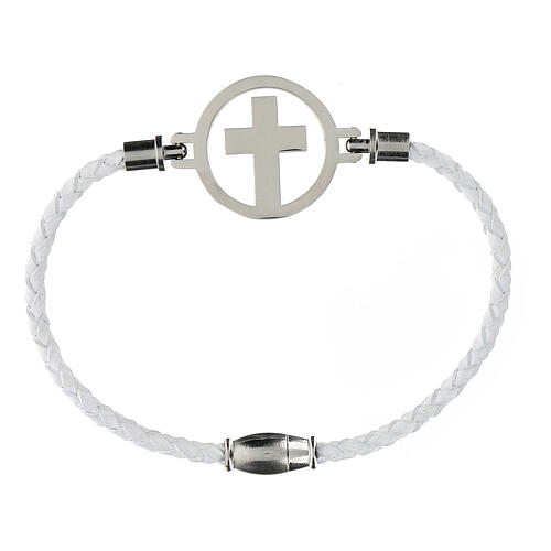 Medjugorje bracelet, white leather and silver cross 1