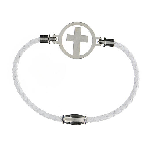 Medjugorje bracelet, white leather and silver cross 2