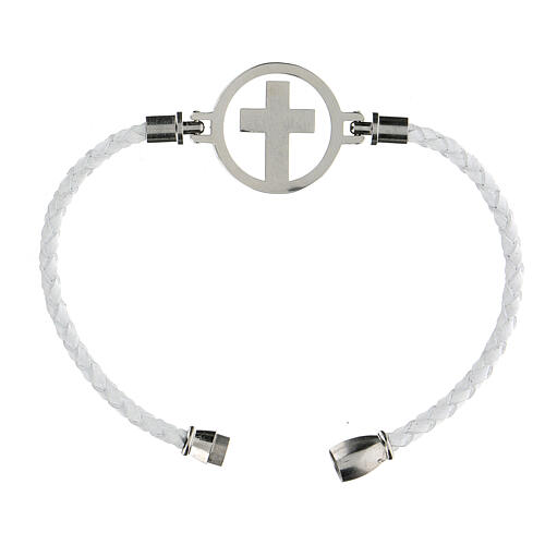 Medjugorje bracelet, white leather and silver cross 3