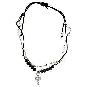 Adjustable Medjugorje black bracelet, cross with rhinestones