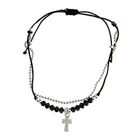 Adjustable Medjugorje black bracelet, cross with rhinestones
