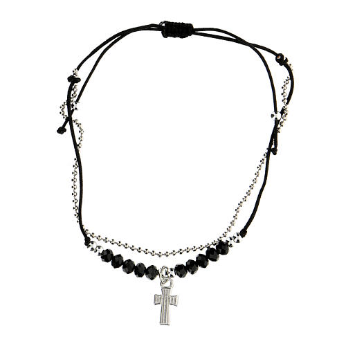 Adjustable Medjugorje black bracelet, cross with rhinestones 2