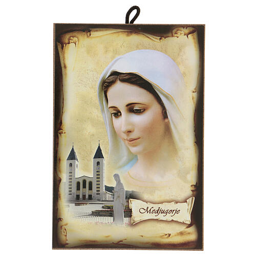 Hardboard picture, Our Lady of Medjugorje with St James church, 15x10 cm 1