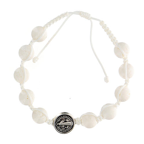 White single decade rosary bracelet with polished stone beads and St Benedict's medal, Medjugorje 1