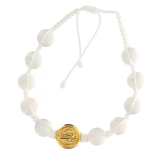 White single decade rosary bracelet with polished stone beads and golden St Benedict's medal, Medjugorje 1