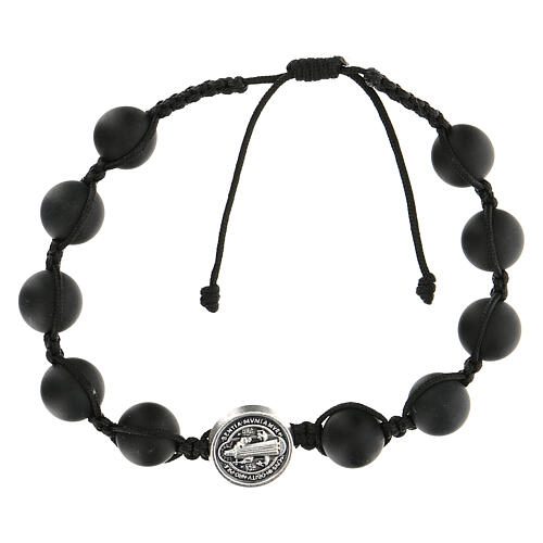 Bracelet with black beads, polished stone, St Benedict medal, Medjugorje 1