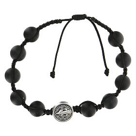 Pulseiras Dezena Terço da Paz: Pulseira contas pretas Medjugorje pedra polida São Bento prateado