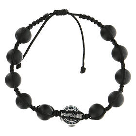 Pulseiras Dezena Terço da Paz: Pulseira contas pretas Medjugorje pedra polida São Bento prateado