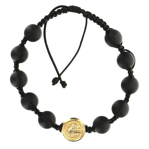 Golden Medjugorje bracelet with black beads in smoothed stone St. Benedict 1
