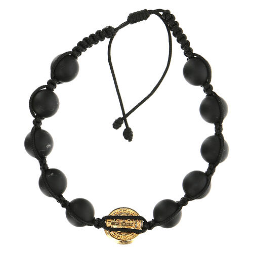 Golden Medjugorje bracelet with black beads in smoothed stone St. Benedict 2