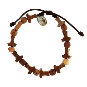 Wood Tau bracelet with medal Medjugorje brown rope