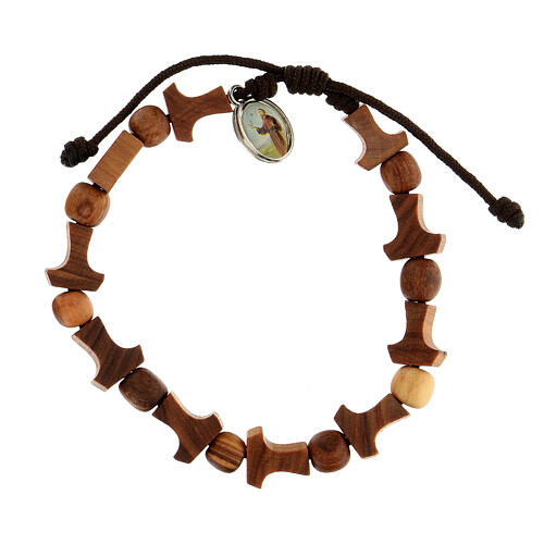 Wood Tau bracelet with medal Medjugorje brown rope 1